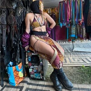 Gyspsy Dancer Bohemian Hand Made High Waist Gold Tribal Two Piece Halter Set